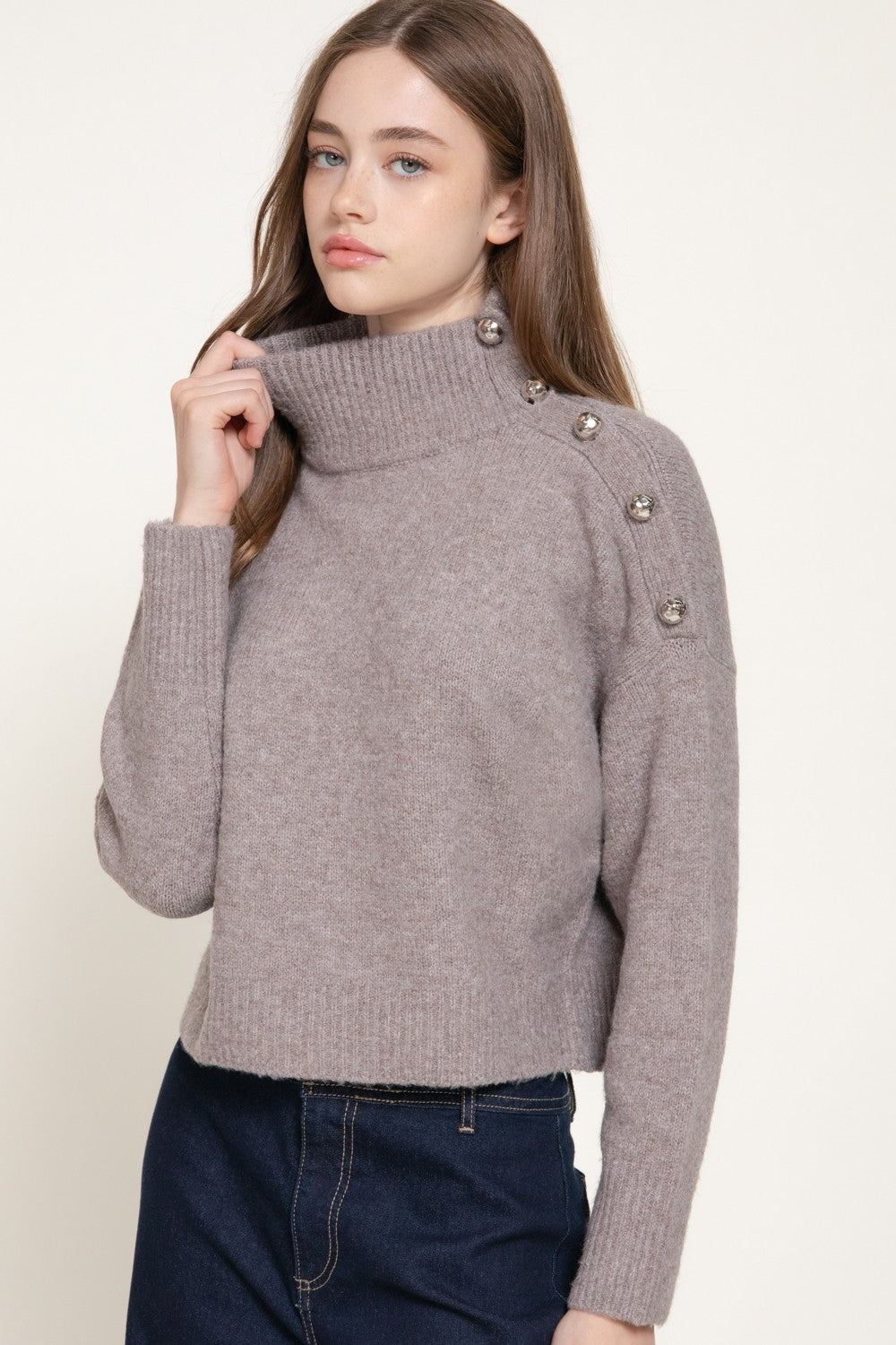 Long Slv High Neck Metal Buttoned Sweater
