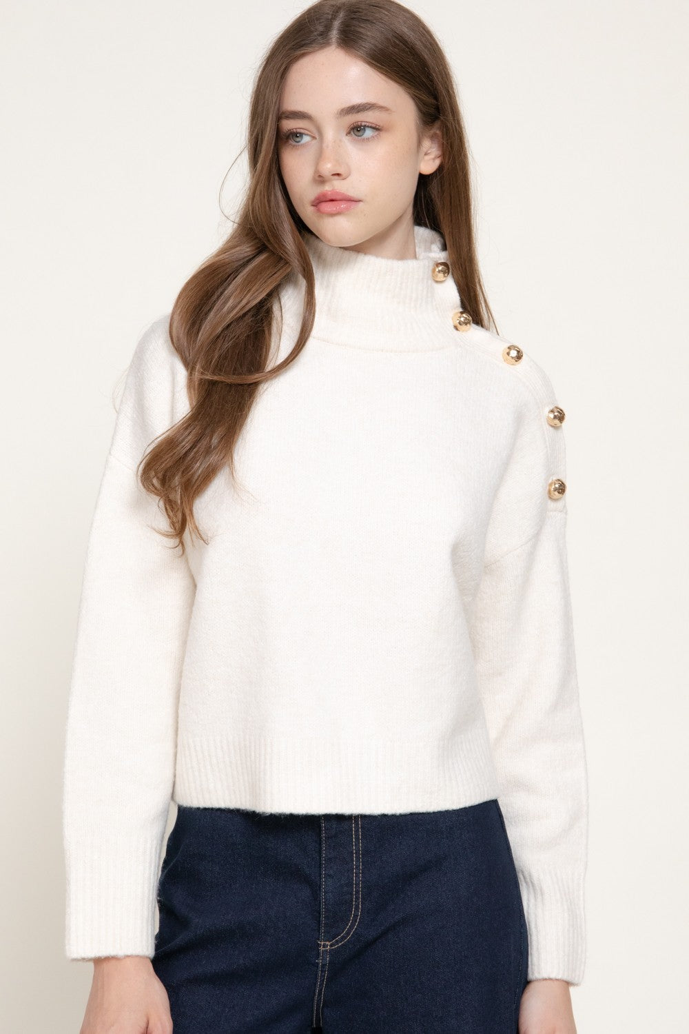 Long Slv High Neck Metal Buttoned Sweater