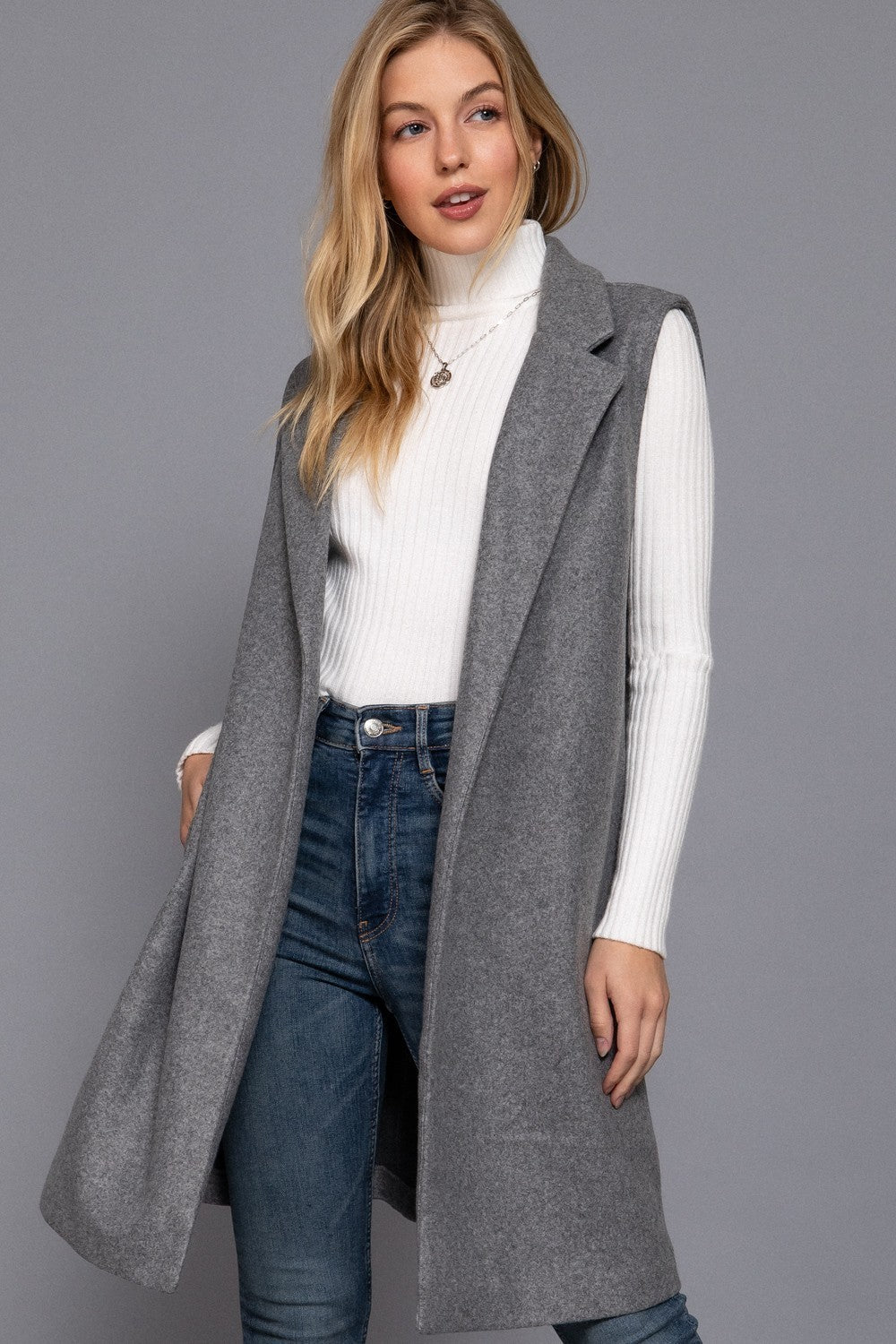 Sleeveless Notched Collar Soft Open Vest