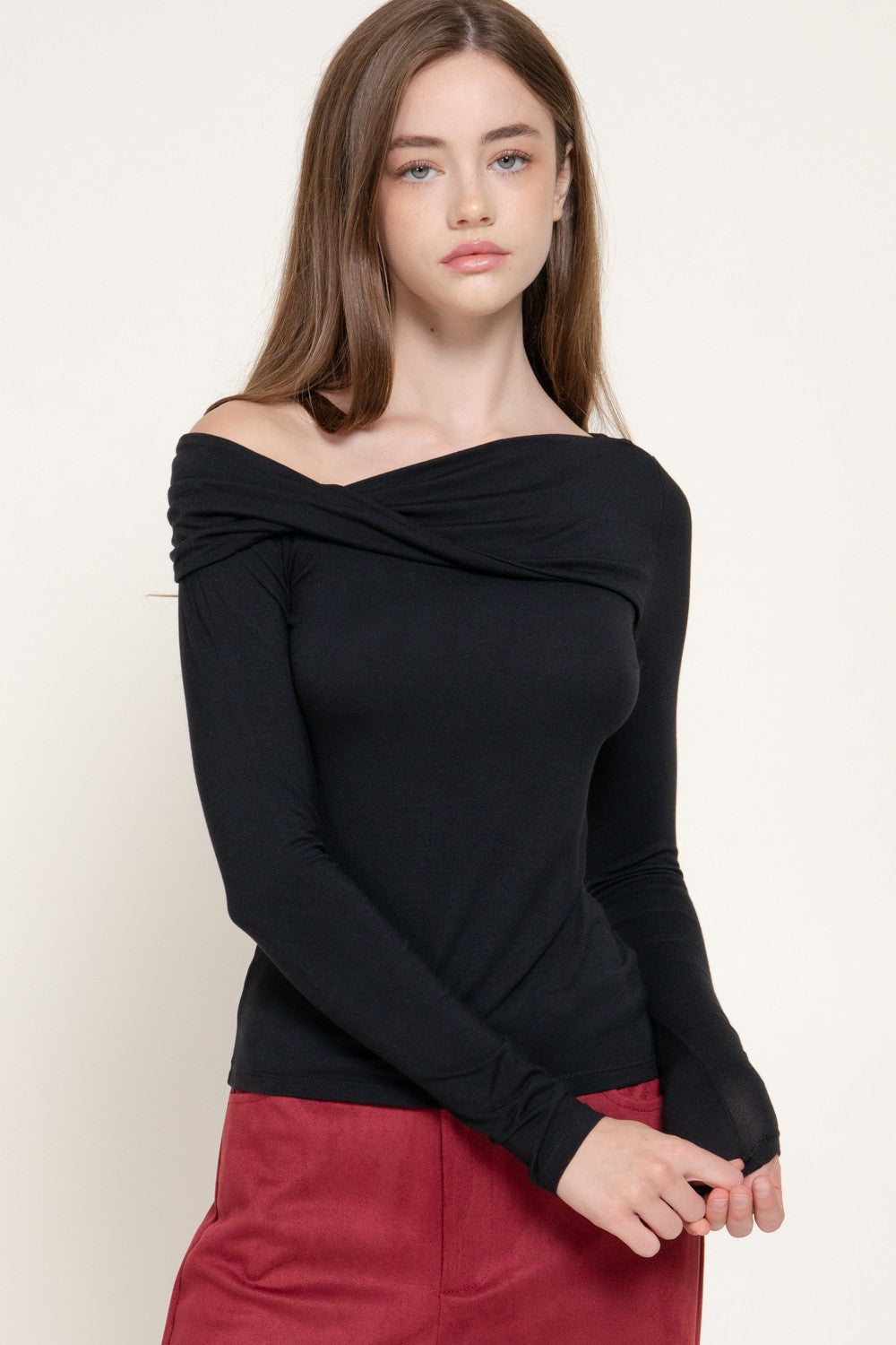 Long Slv Asymmetric Neckline Knit Top