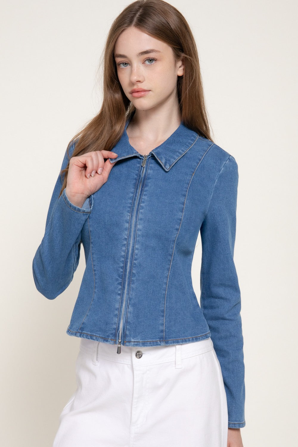 Long Slv Zip Front Stretch Denim Shacket