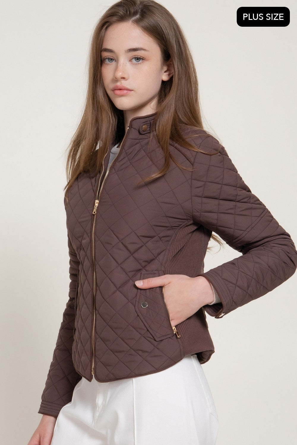 Suede Piping Detail Rib Quilted Padding Jacket