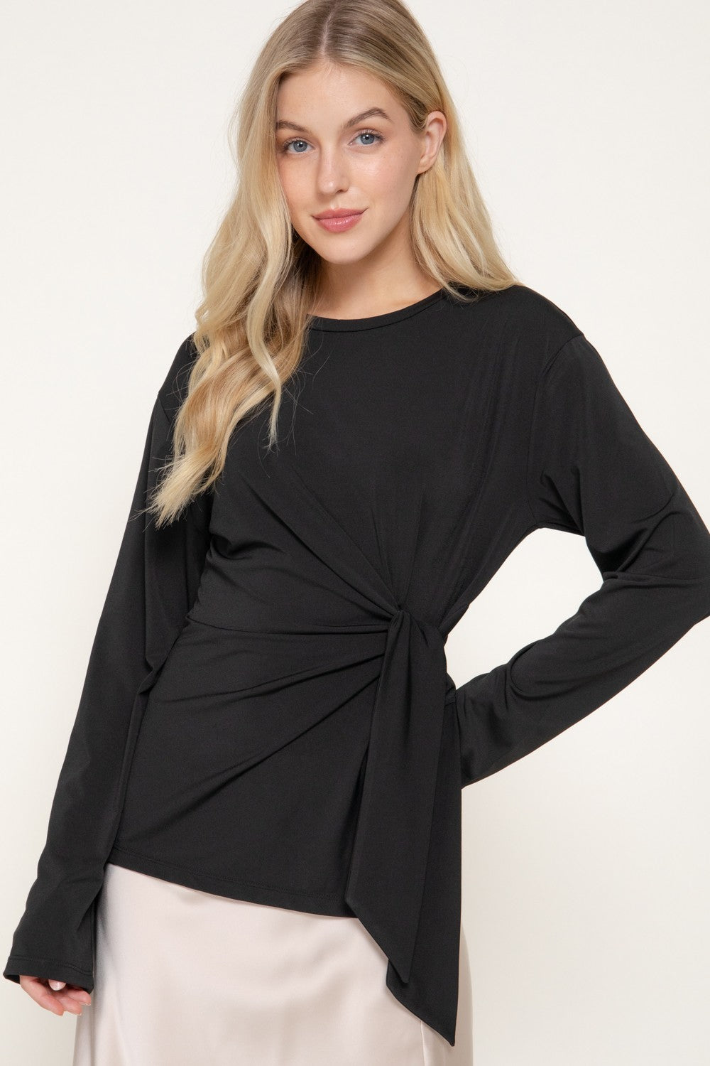 Long Sleeve Front Tie Detail Knit Top