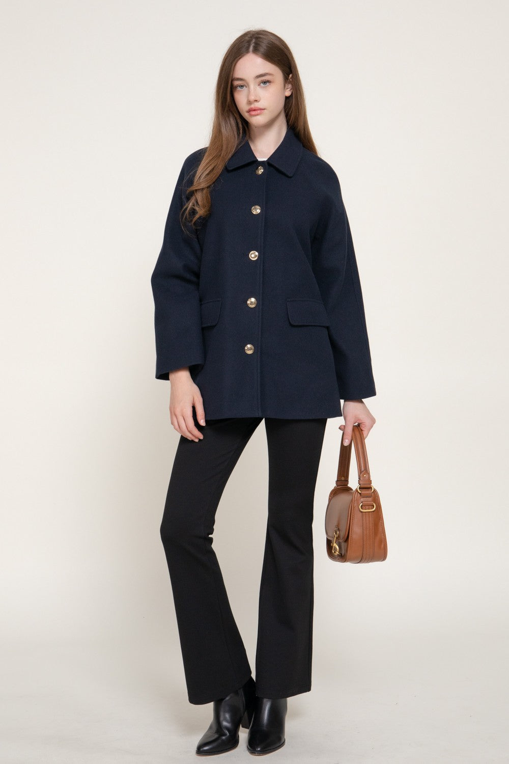 Long Sleeve Notched Collar Felt Coat