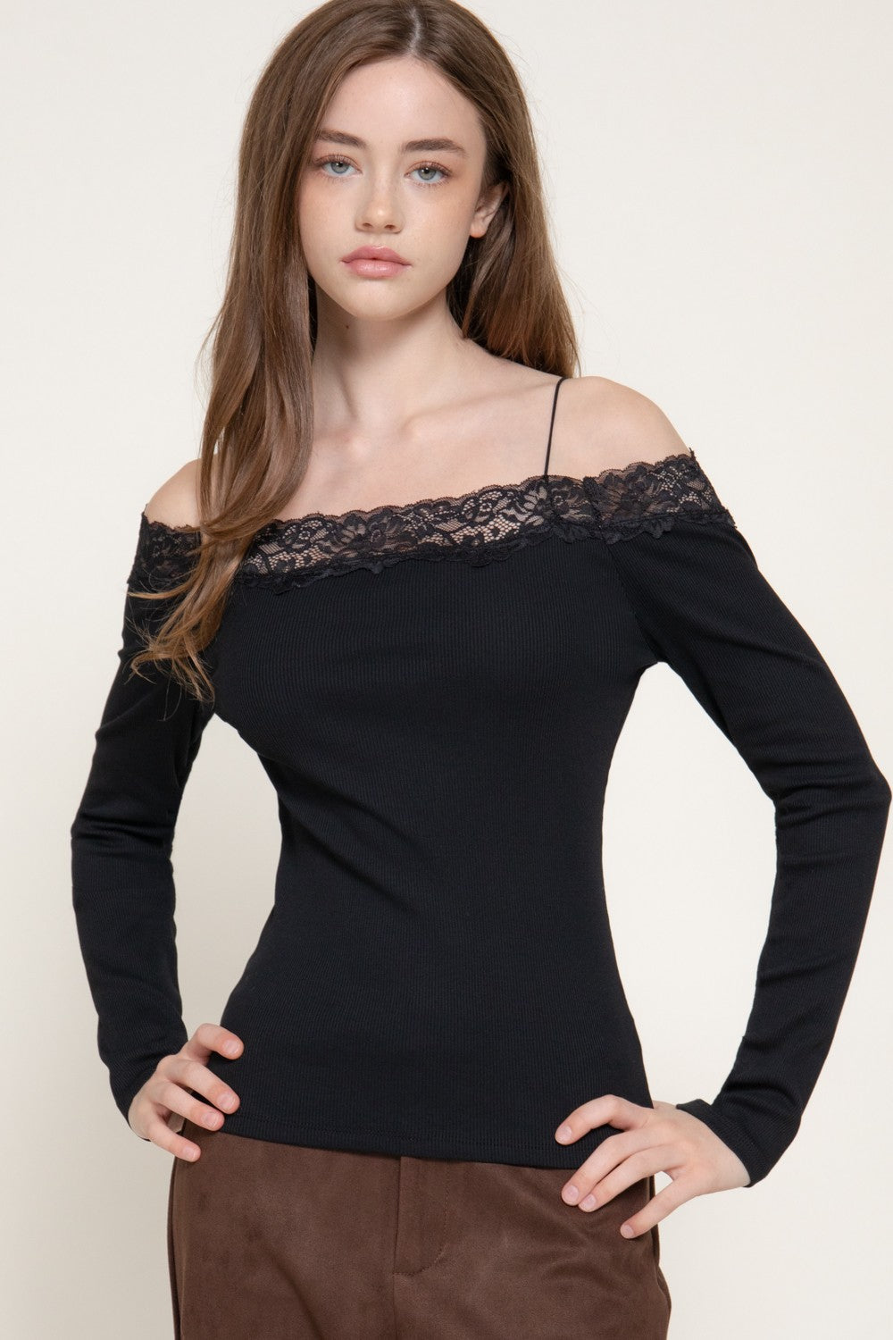 Long Slv Off The Shoulder Lace Trim Knit Top