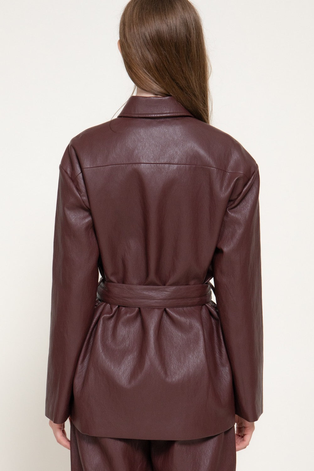 Button Down Belted Faux Leather Jacket