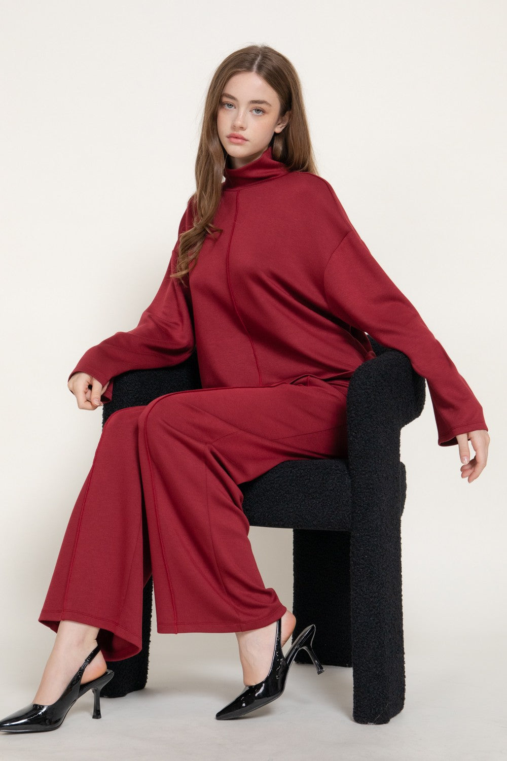 Long Slv Mock Neck Top & Straight Long Pants Set