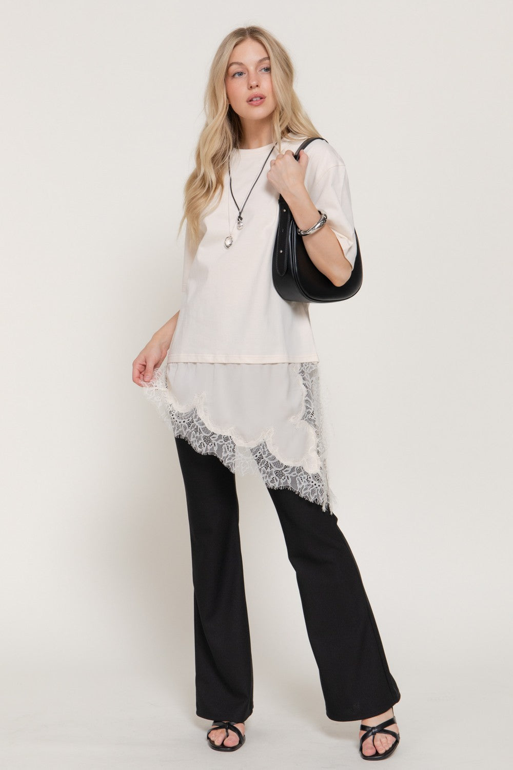 Short Slv Asymmetrical Hem Tonal Lace Knit Top