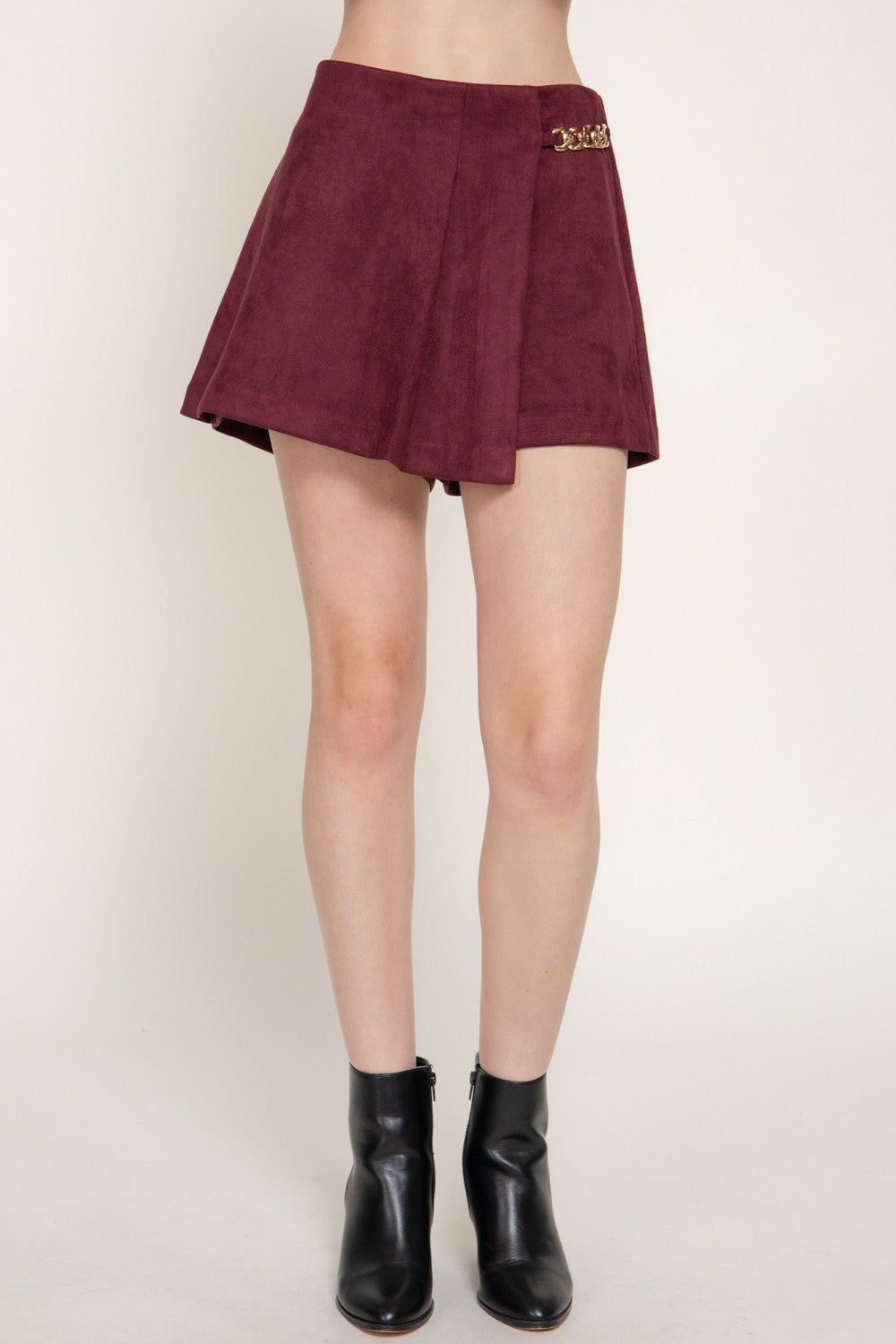 Pleated Metal Chain Faux Suede Shorts