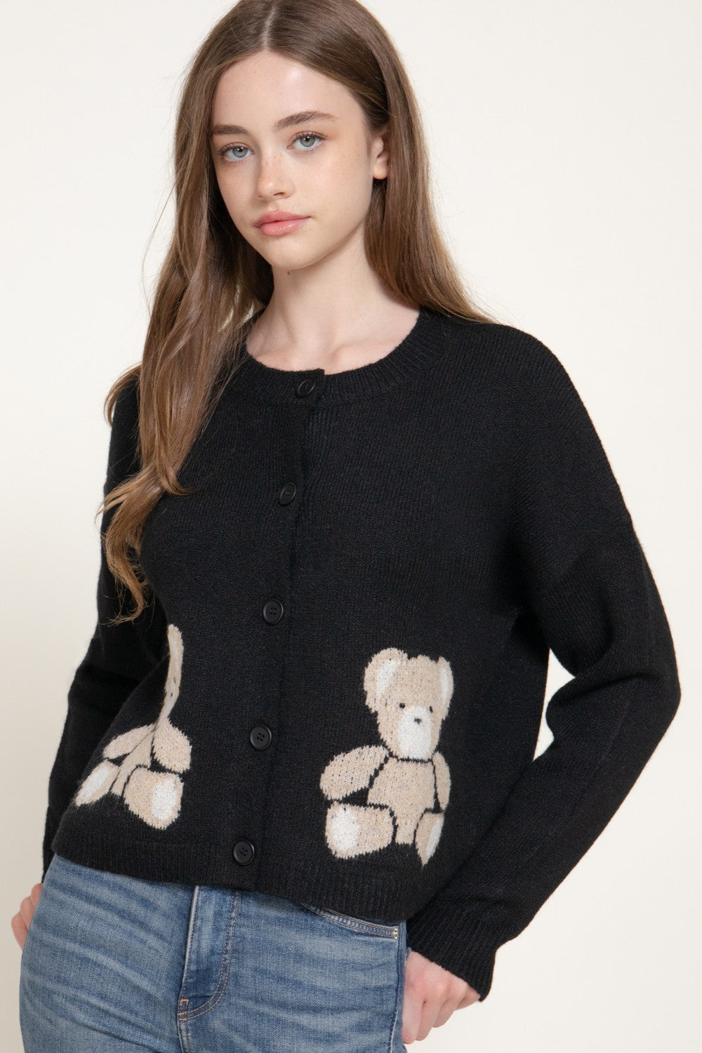 Long Slv Jacquard Bear Sweater Cardigan