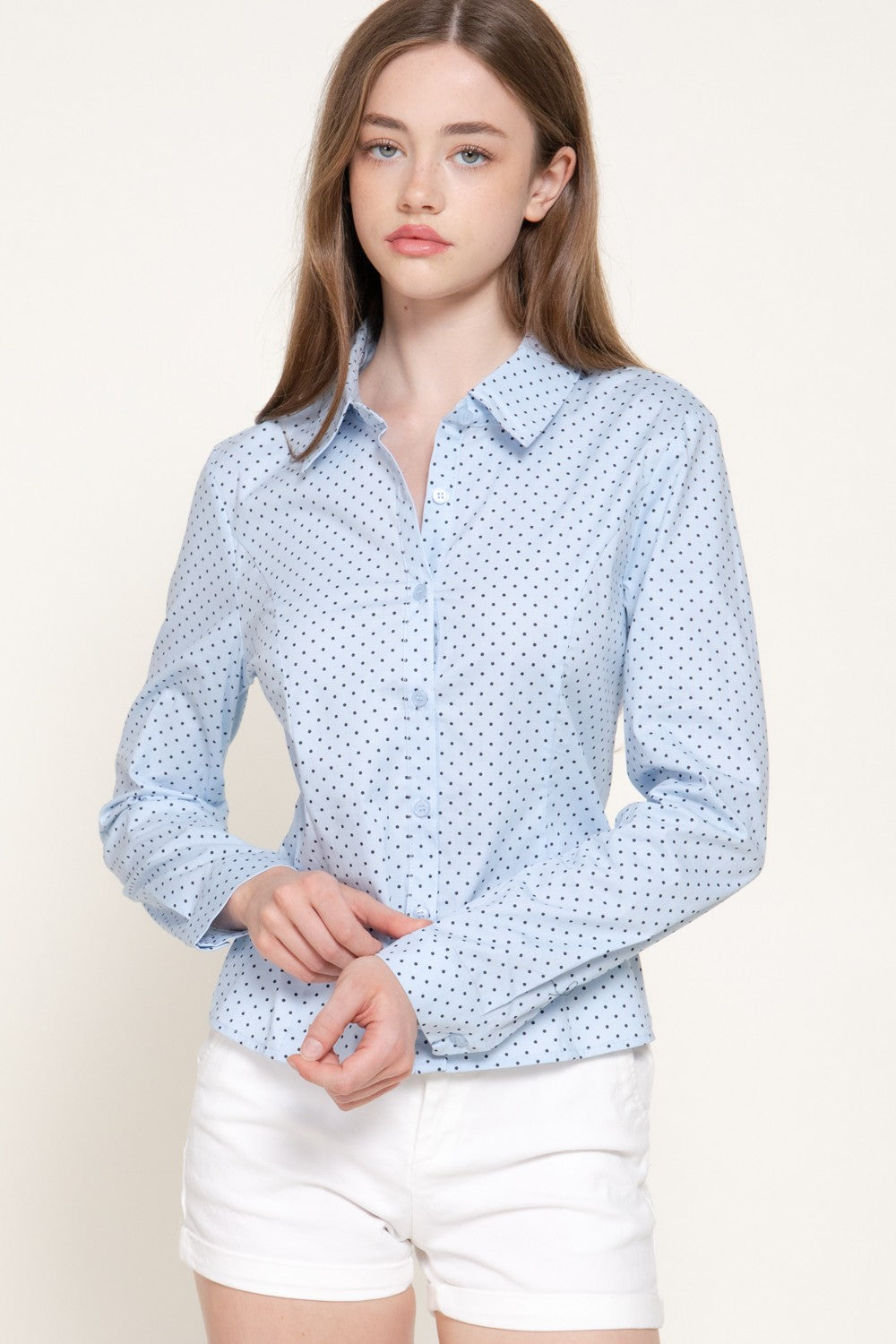 Long Sleeve Fitted Dot Poplin Shirt