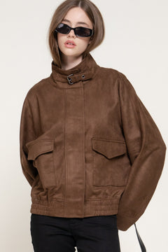 High Neck W/tab Elastic Hem Faux Suede Jacket