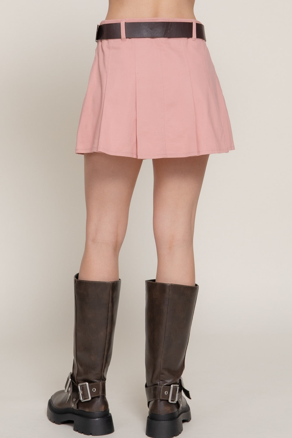 Belted Cotton Twill Pleated Mini Skirt