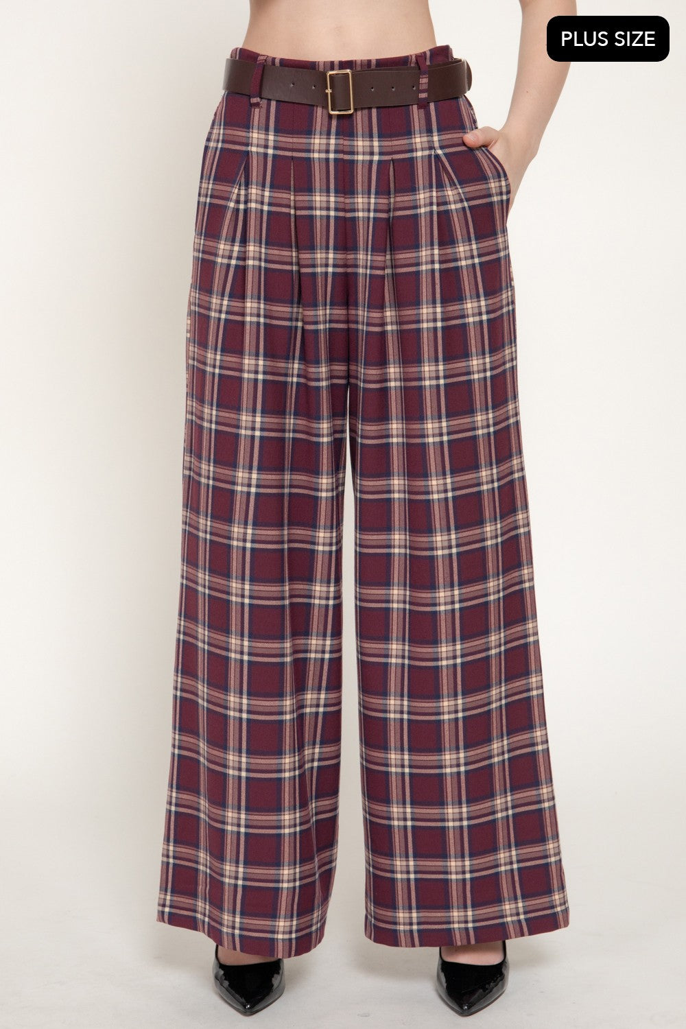 Pleats Belted Plaid Wide Long Pants
