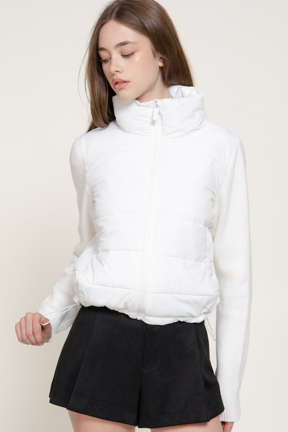 Knit Sleeve High Neck Puffer Jacket
