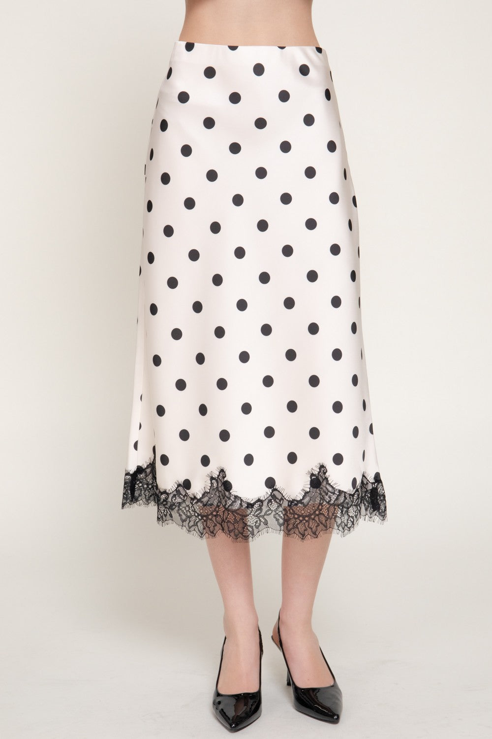 Tonal Lace Trim Dot Print Satin Midi Skirt