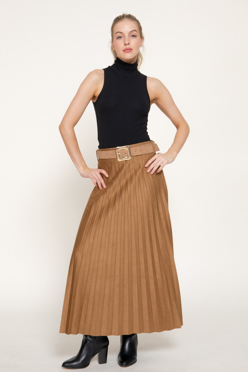 Belted Faux Suede Pleated Long Skirt