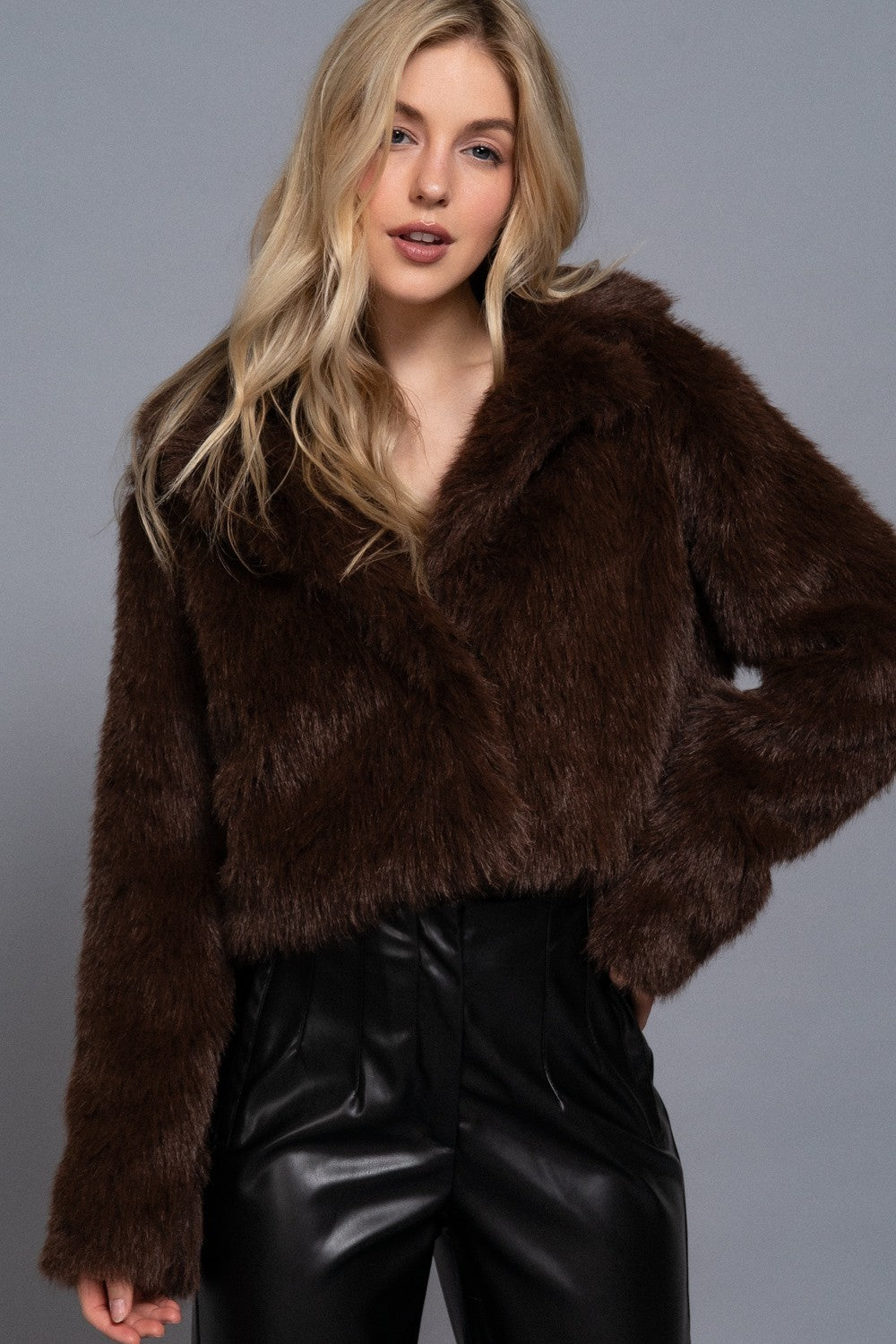 Long Slv Notched Collar Faux Fur Crop Jacket