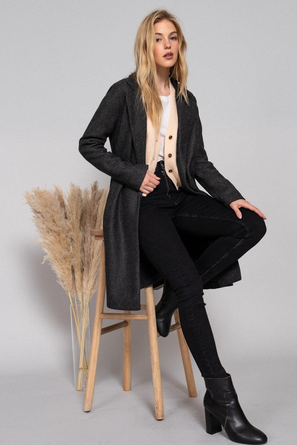 Long Slv Notched Collar Open Front Long Coat