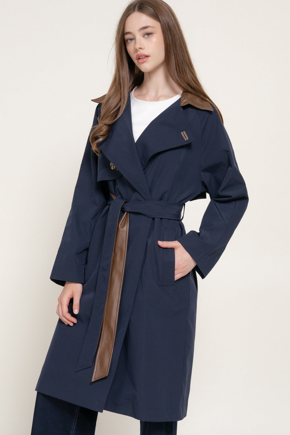 Long Sleeve Trench Coat with Pu Collar & Belt