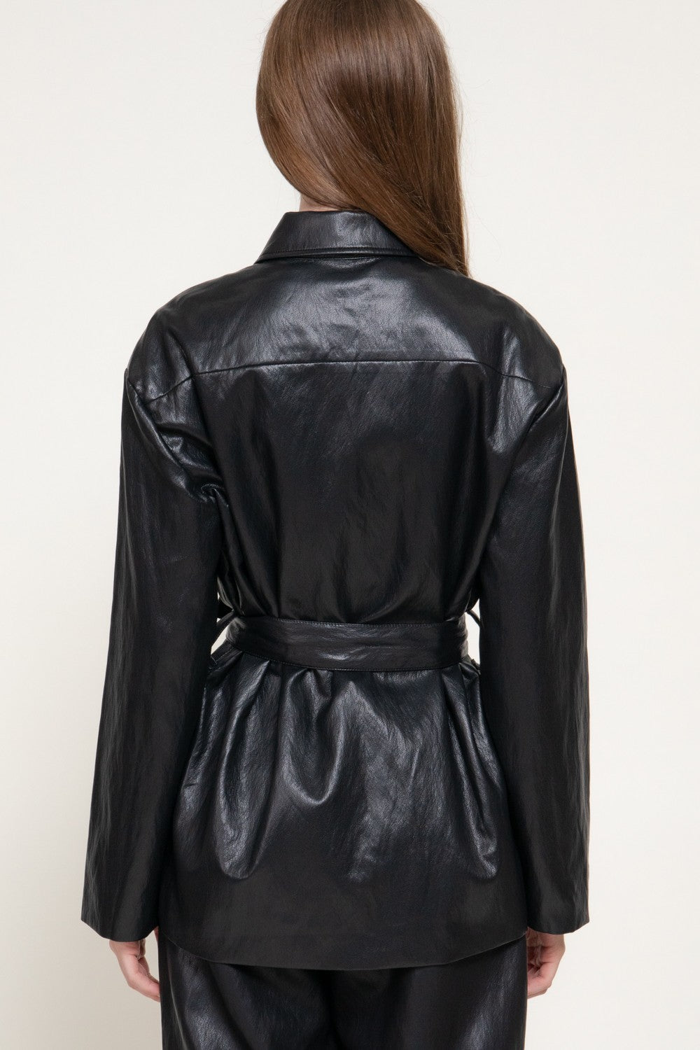 Button Down Belted Faux Leather Jacket