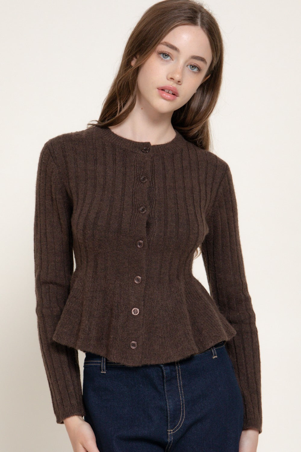 Long Slv Peplum Sweater Cardigan