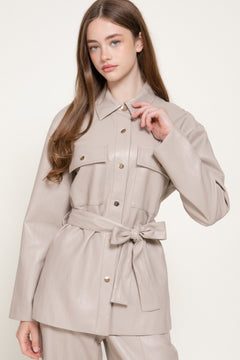 Button Down Belted Faux Leather Jacket