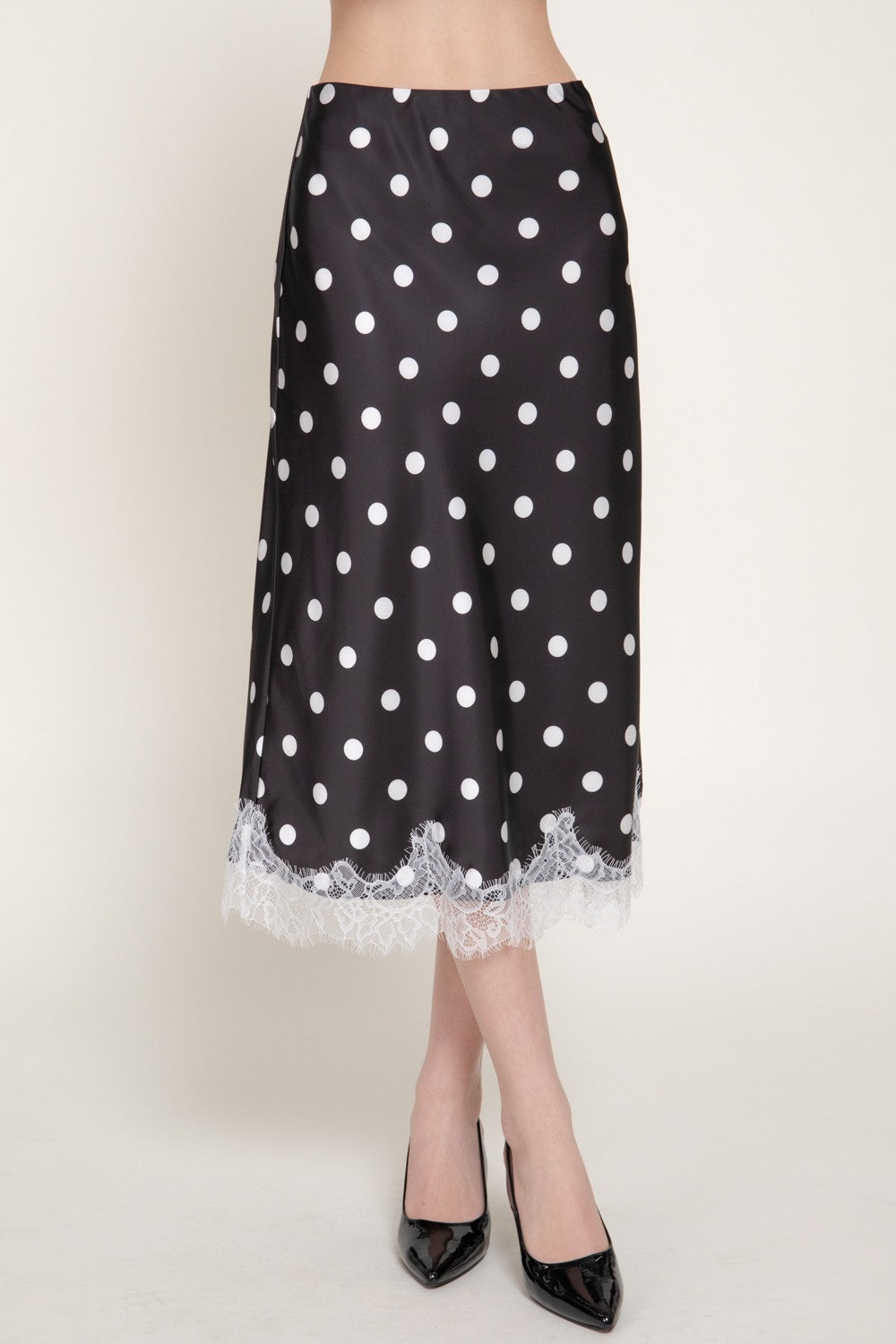 Tonal Lace Trim Dot Print Satin Midi Skirt