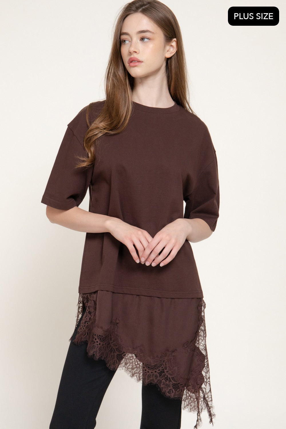 Short Slv Asymmetrical Hem Tonal Lace Knit Top