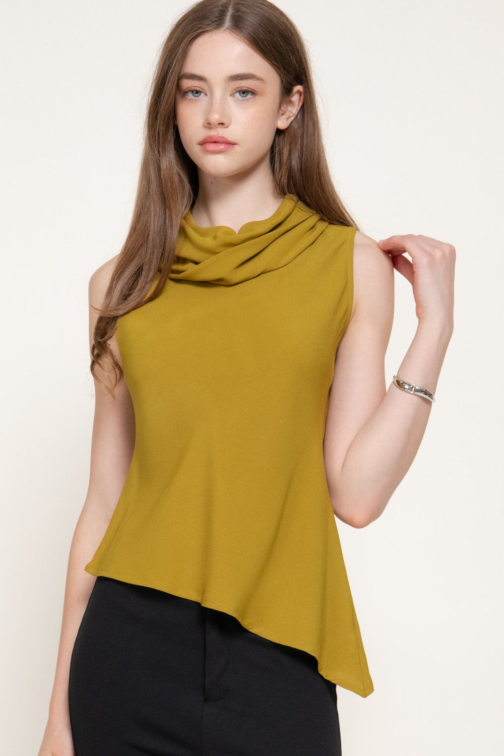 Sleeveless Flowy Neck Asymmetric Top
