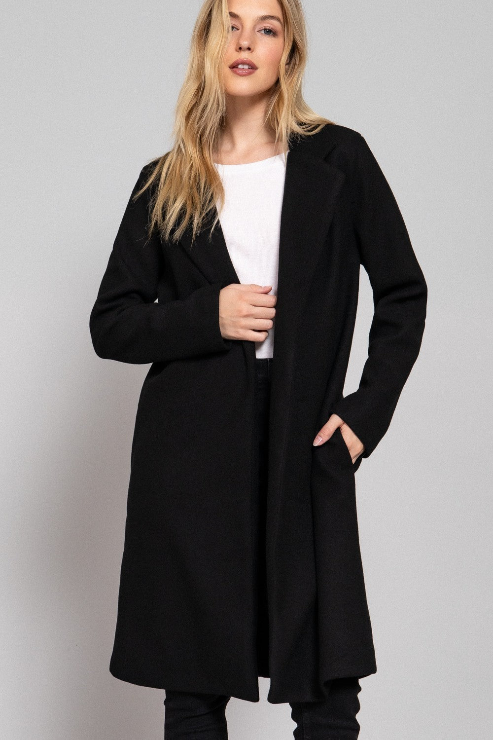 Long Slv Notched Collar Open Front Long Coat