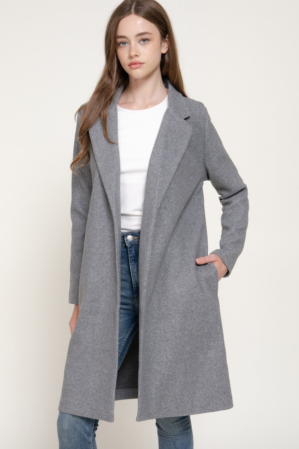 Long Slv Notched Collar Open Front Long Coat