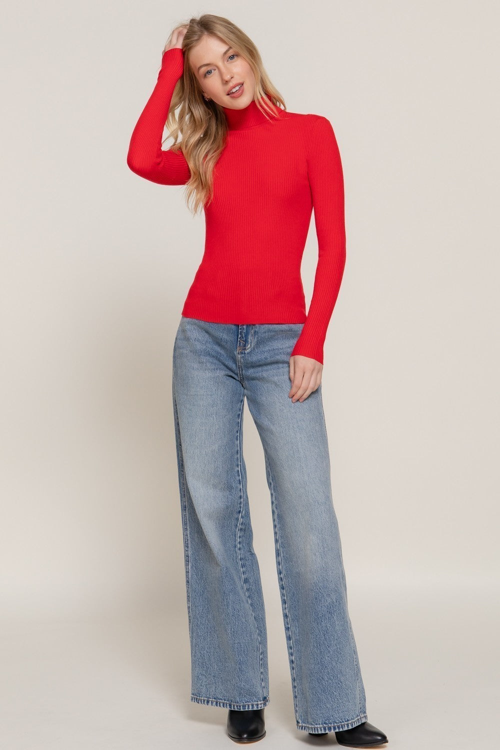 Turtle Neck Fitted Viscose Rib Sweater Top