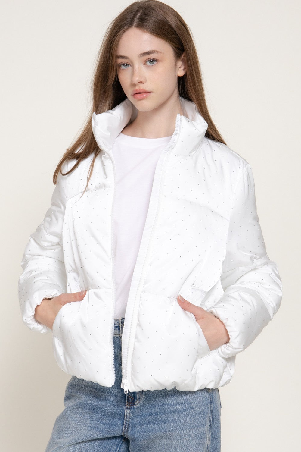 High Neck Rhinestone Detail Puffer Jacket