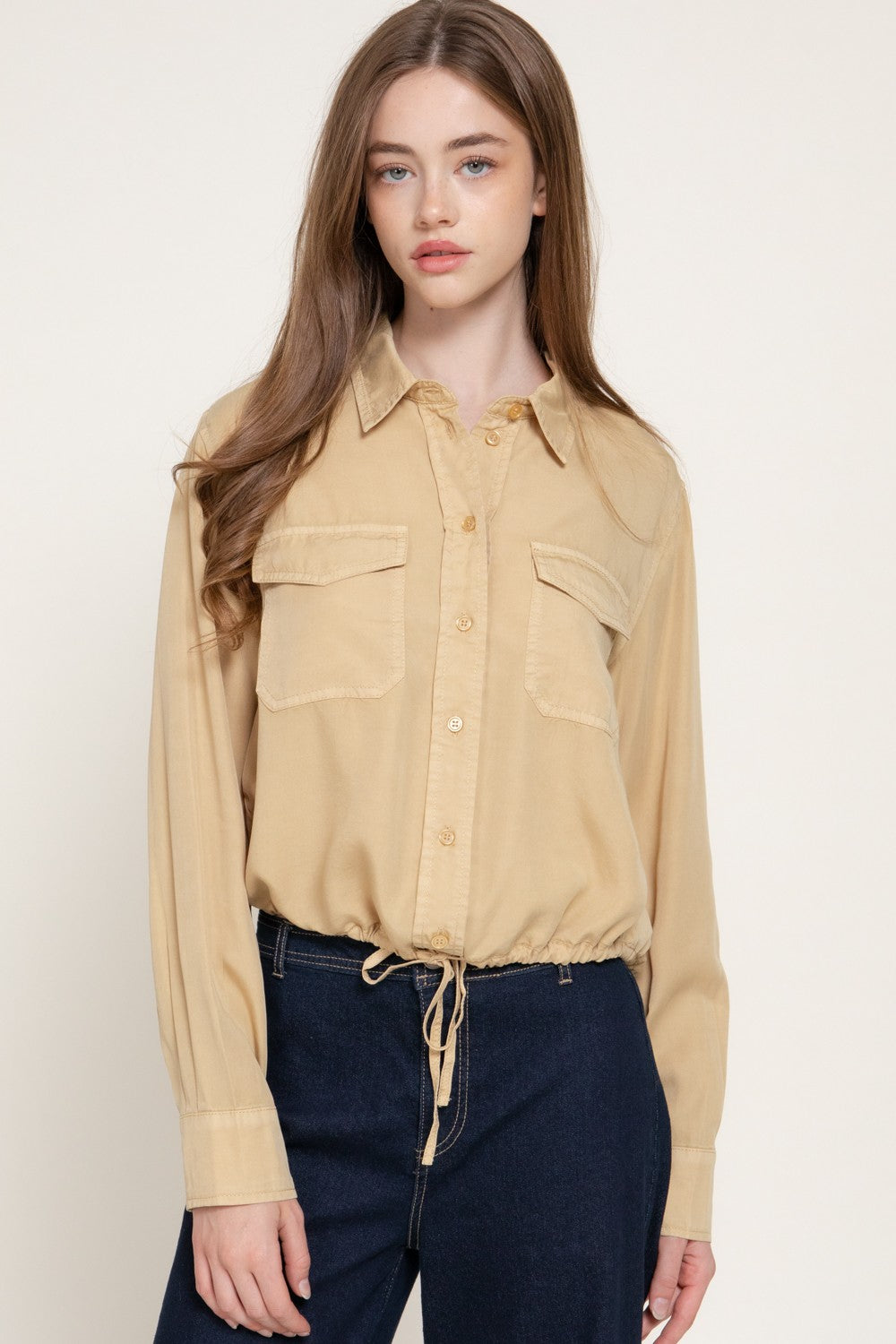 Long Slv Lyocell Shirt W/ Adjustable Drawsting Hem