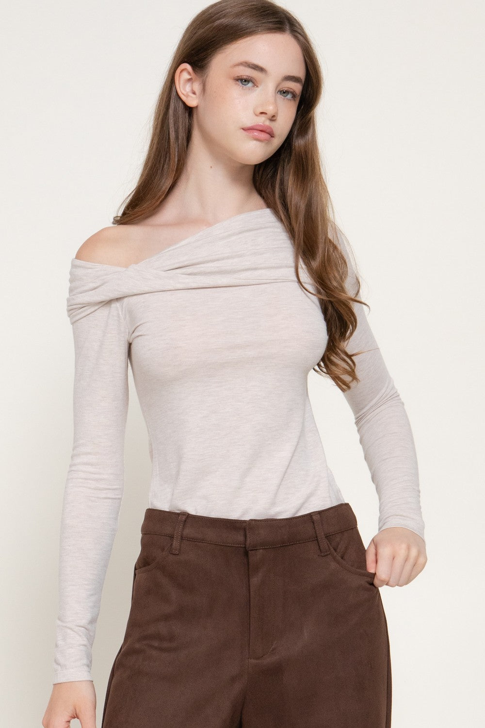 Long Slv Asymmetric Neckline Knit Top