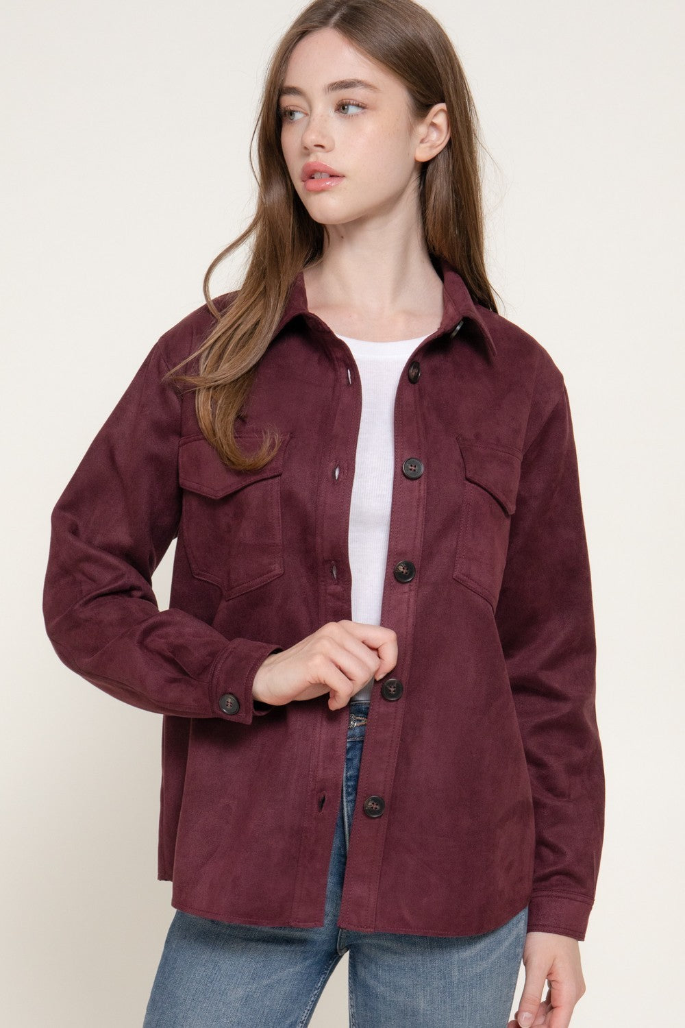 Long Sleeve Loose Fit Faux Suede Shacket