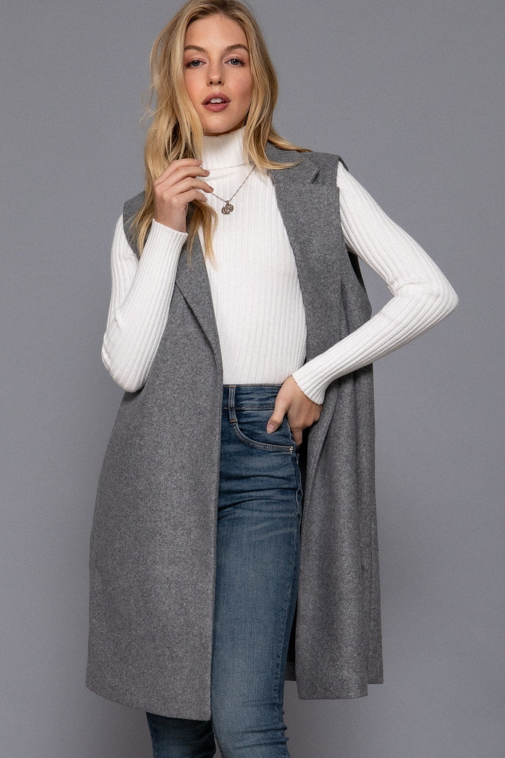 Sleeveless Notched Collar Soft Open Vest