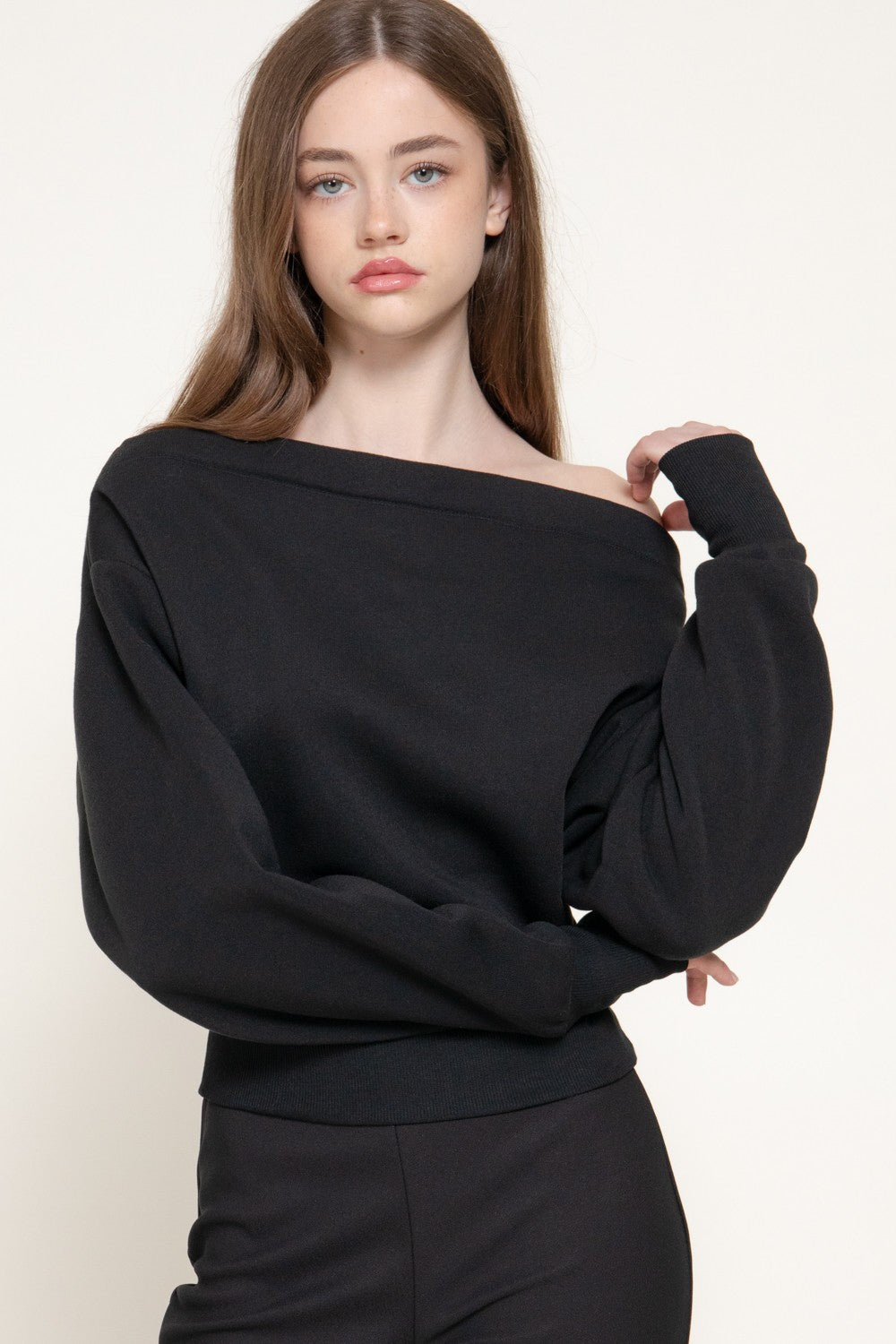 Long Sleeve Off The Shoulder Inner Fleece Top