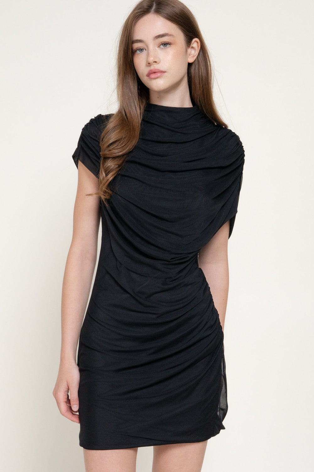 High Neck Shoulder Drape Mesh Mini Dress