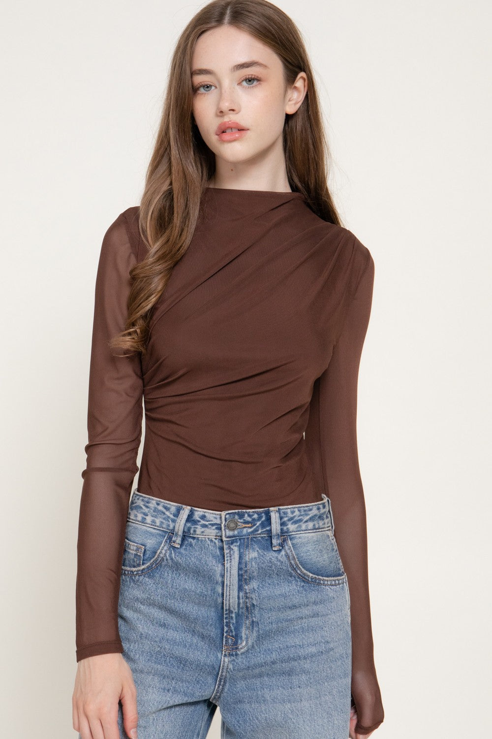 Long Slv Mock Neck Shirring Mesh Bodysuit