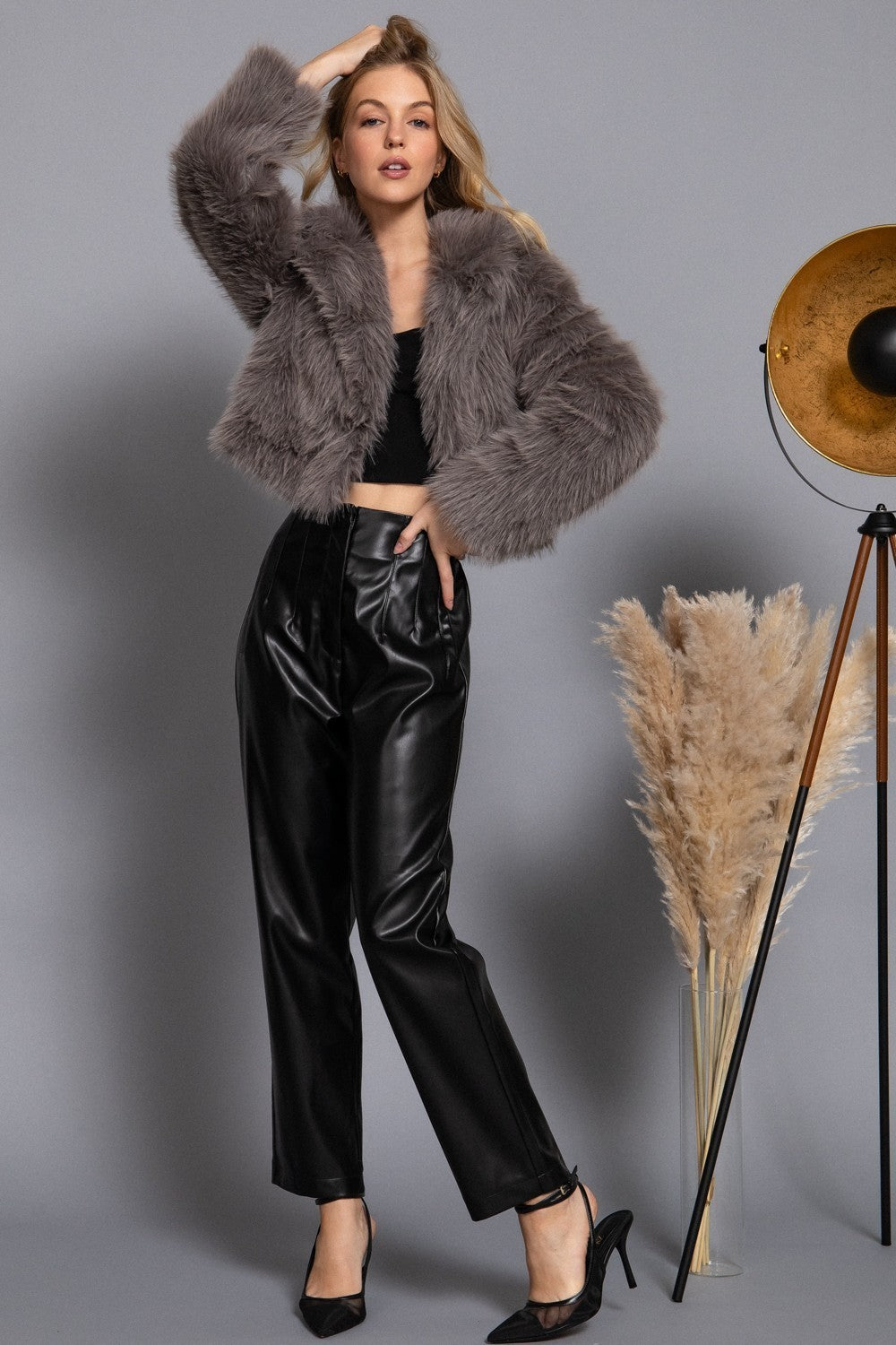 Long Slv Notched Collar Faux Fur Crop Jacket