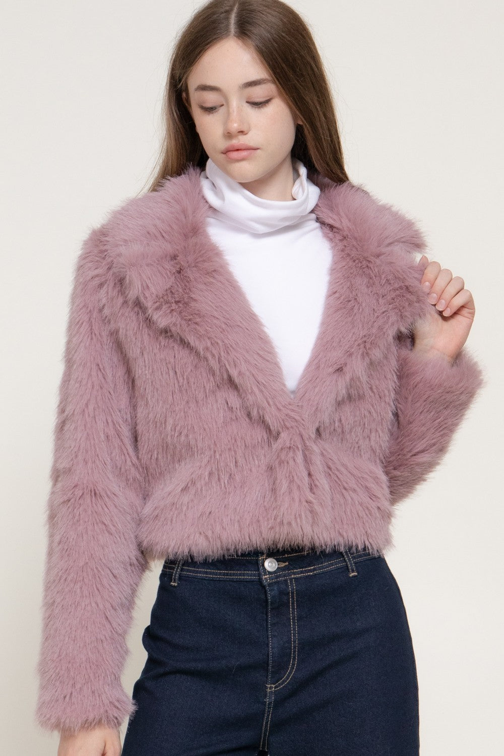 Long Slv Notched Collar Faux Fur Crop Jacket