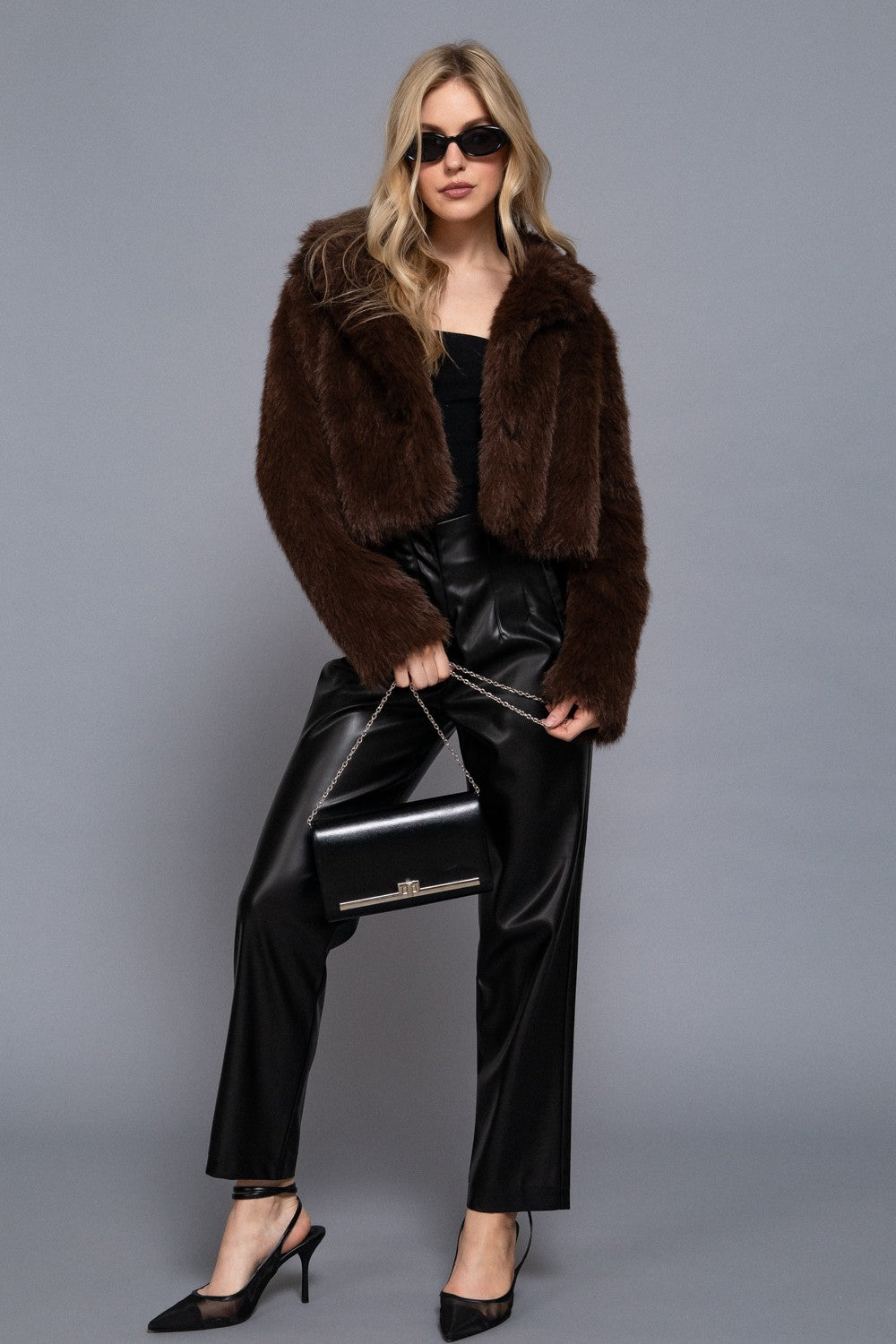 Long Slv Notched Collar Faux Fur Crop Jacket