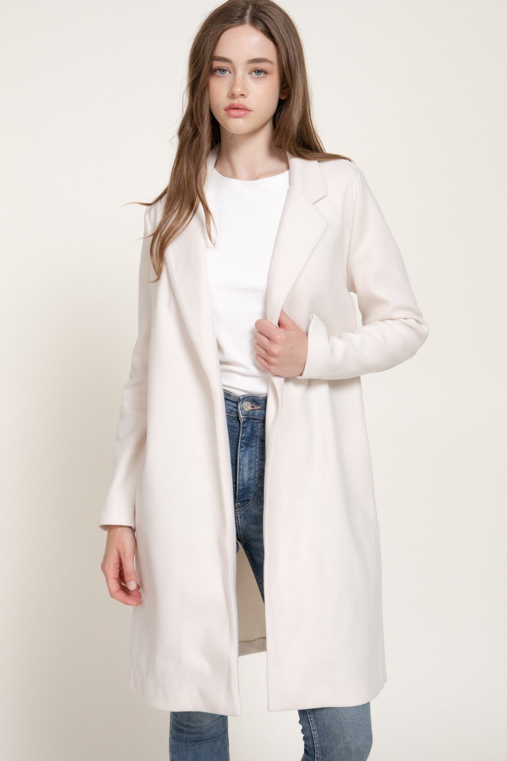Long Slv Notched Collar Open Front Long Coat