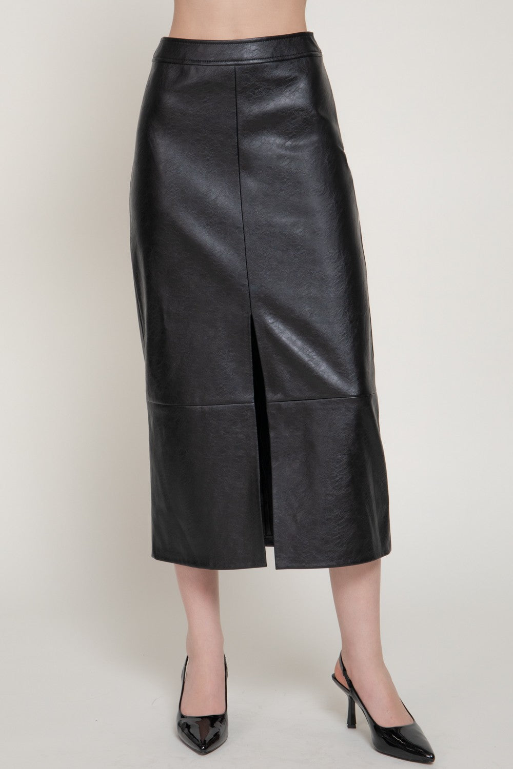Texture Faux Leather Pencil Midi Skirt