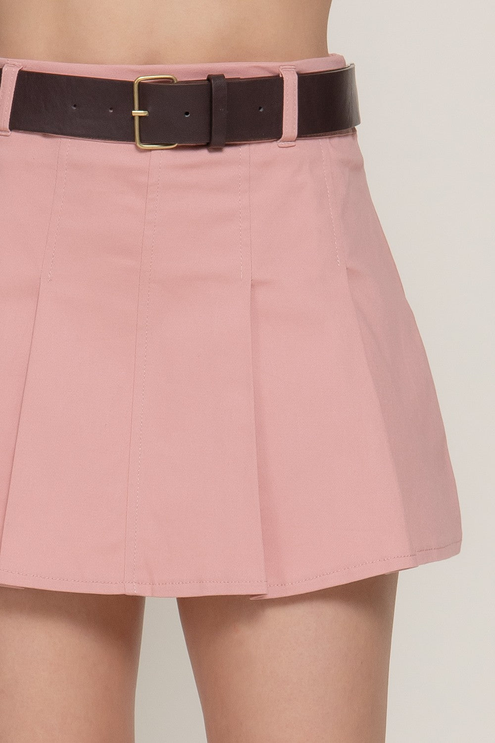 Belted Cotton Twill Pleated Mini Skirt