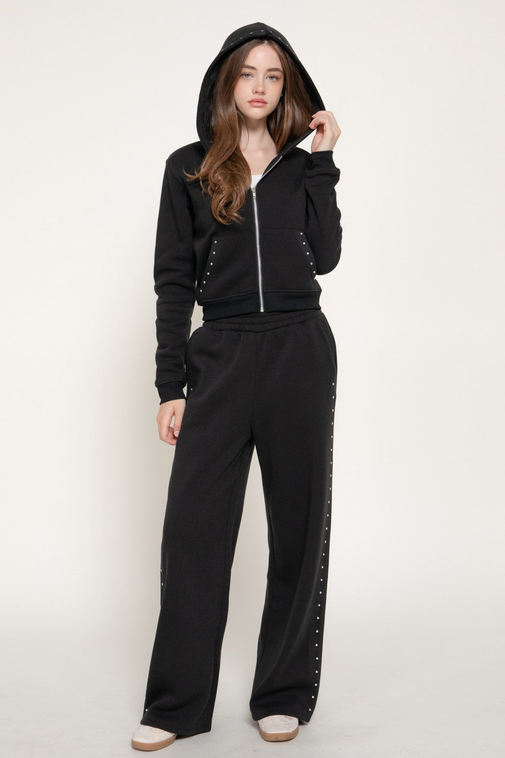 Studded Hoodie & Pants Inner Fleece Terry Set