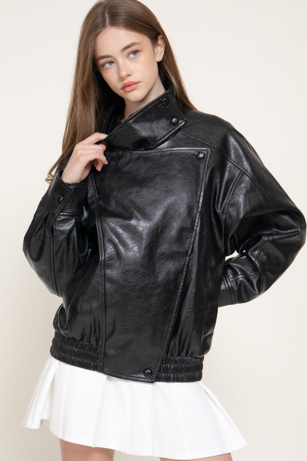 High Collar Faux Leather Jacket