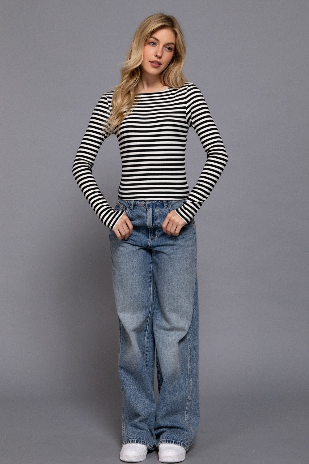 Long Slv Boat Neck Stripe Brushed Rib Top